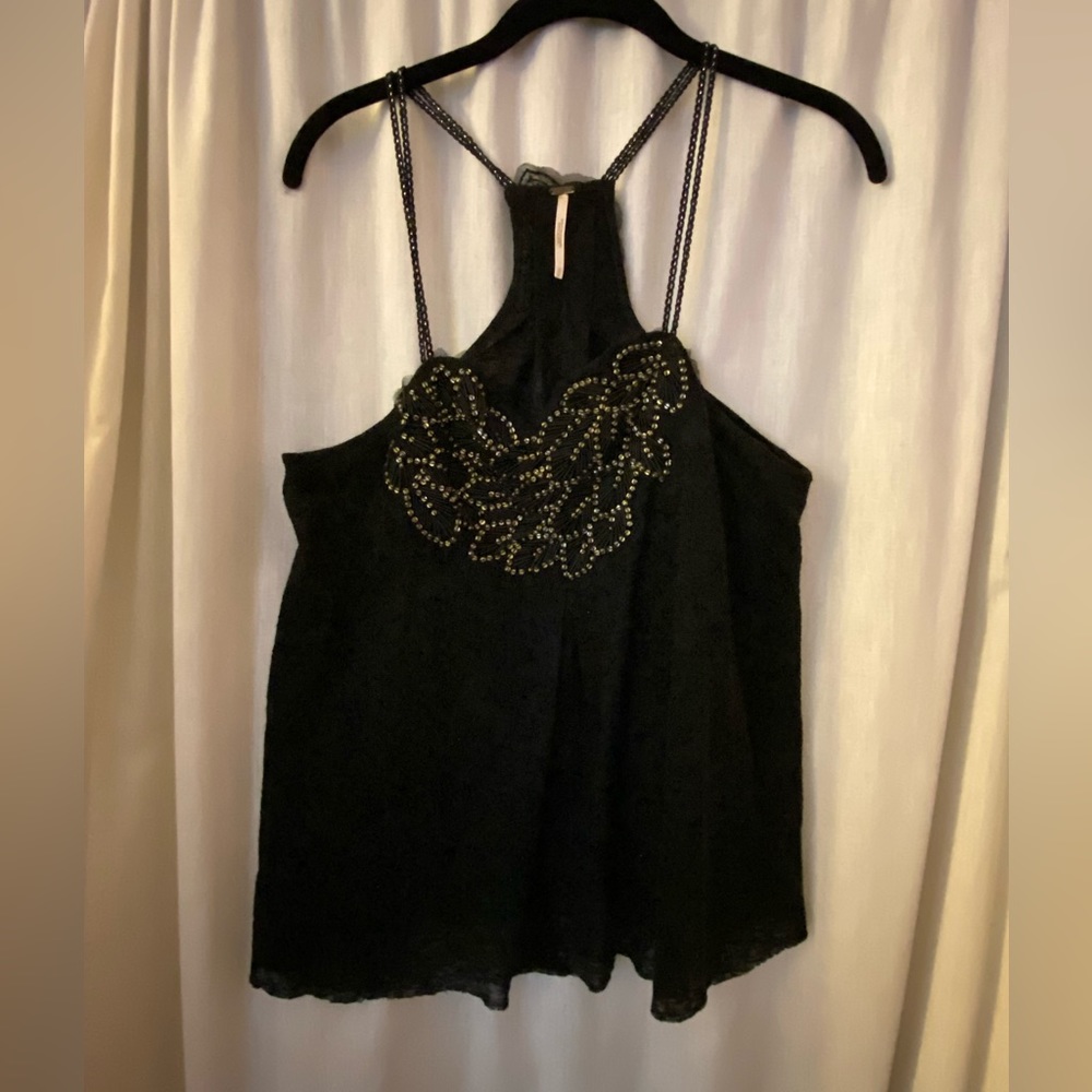Free People Black Beaded Double Strap Tank Top Size Woman’s Small